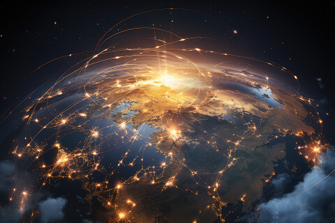 A view of the Earth from space with orange lines joined at orange-dot vertices expressing the various global locations of Newshosting’s Usenet servers.