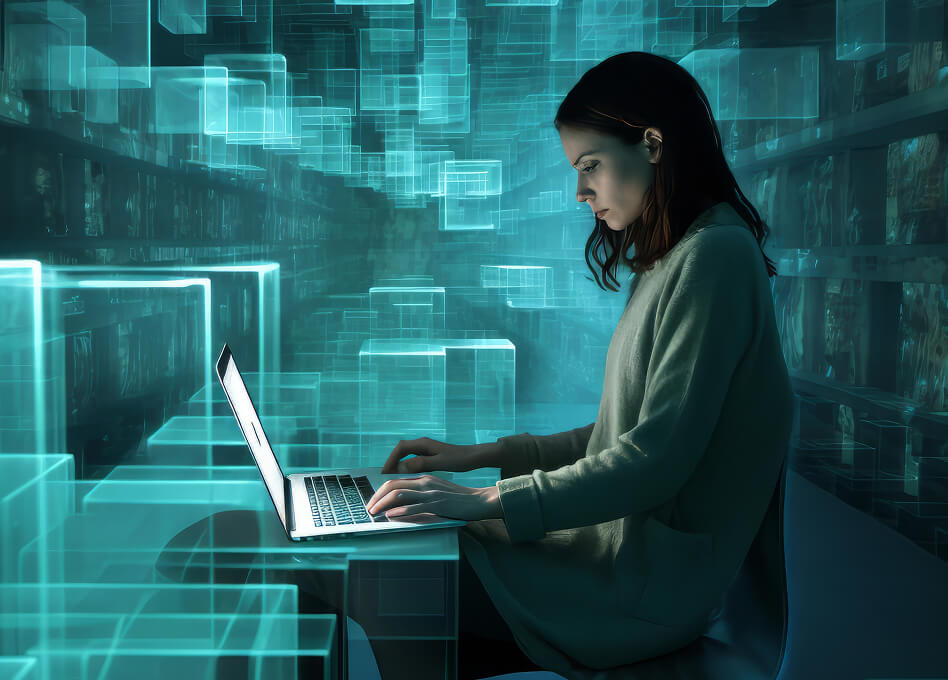 A woman is sitting in a room composed of translucent, blue-green blocks. She is browsing Usenet on a laptop, which is sitting on one of the blocks like a desk.