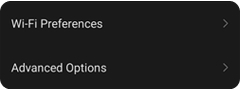 Closeup of the Wi-Fi screen showing Wi-Fi Preferences and Advanced Options menus.