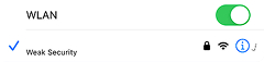 Closeup of the iOS Select Network screen’s WLAN section. The green toggle is on and it says “Weak Security” with a blue checkmark next to it.