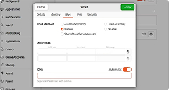 The Wired settings window in Ubuntu. There are several tabs at the top, and IPv4 is selected. The radio button next to Manual is also selected in the tab