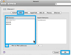 The macOS Advanced Network Settings window. The “DNS” tab is selected and highlighted with a blue box as is the DNS Servers box and the “+” button underneath it. The OK button in the bottom right is also highlighted with a blue box.