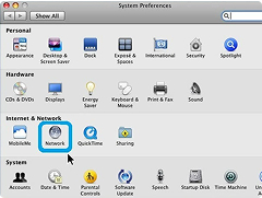 The macOS System Preferences window with Network highlighted by a blue box.