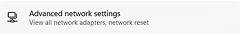 Closeup of Advanced network settings submenu in the Network & internet menu of Windows Settings.