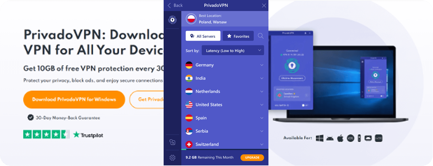 Image of the PrivadoVPN app that shows some of the servers that users can choose from.