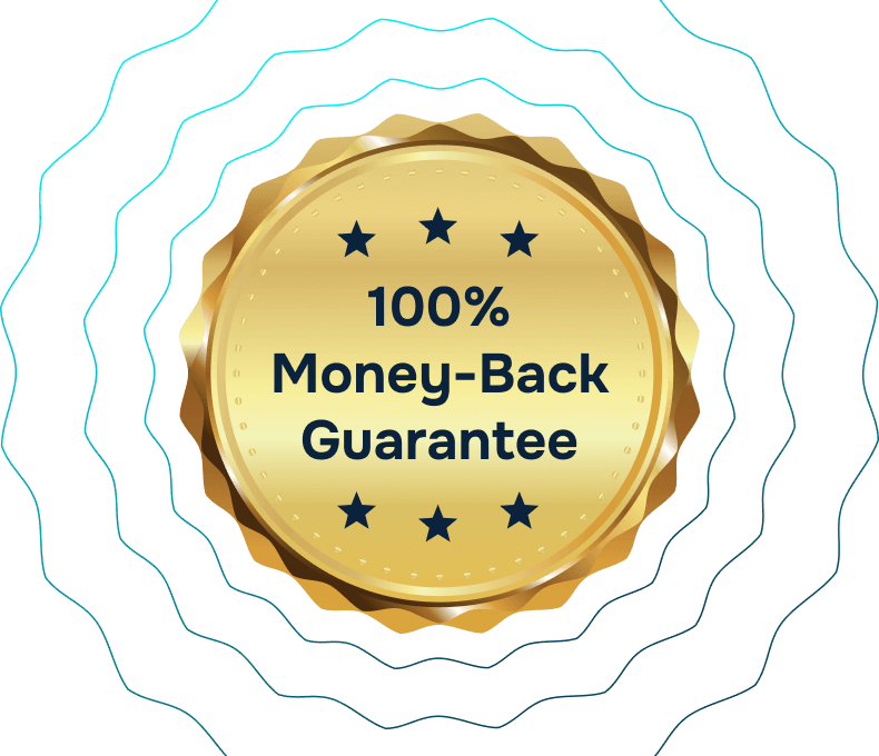 There is a gold seal with six black stars, three on the top and three on the bottom of it, and the words “100% Money-Back Guarantee”. Lines in the shape of the scalloped seal edges radiate out from it.