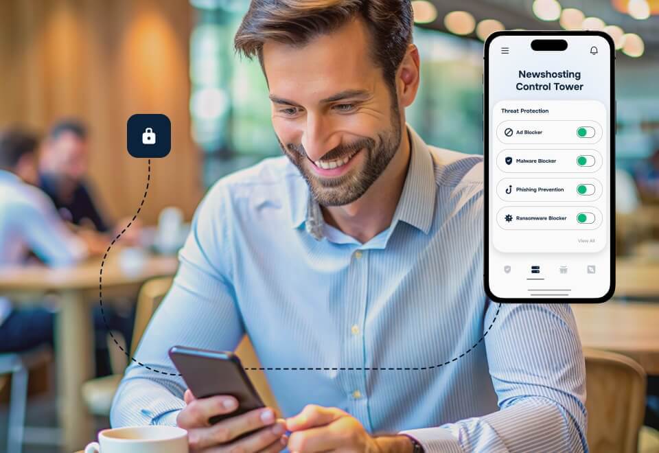 A man is sitting at a table in a cafe and drinking a coffee. He is looking at his phone and we see the screen, which says “Newshosting Control Tower” at the top and a menu called “Threat Protection”. That menu includes Ad Blocker, Malware Blocker, Phishing Prevention, and Ransomware Blocker, each with a toggle that is turned off. There is a “View All” link in the bottom right of the screen.