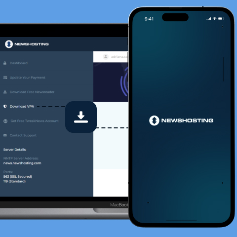There is a cellphone in the foreground of the image with the newshosting name and logo on the screen and a MacBook in the background with the Newshosting dashboard on it, the “Download VPN” option highlighted in the left-side menu.