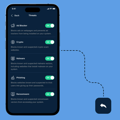 Image of the Newshosting VPN Threat screen with toggle switches turned on for Ad Blocker, Crypto, Malware, Phishing, and Ransomware.