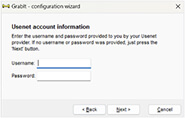 Screen from the GrabIt configuration wizard that asks for the username and password.