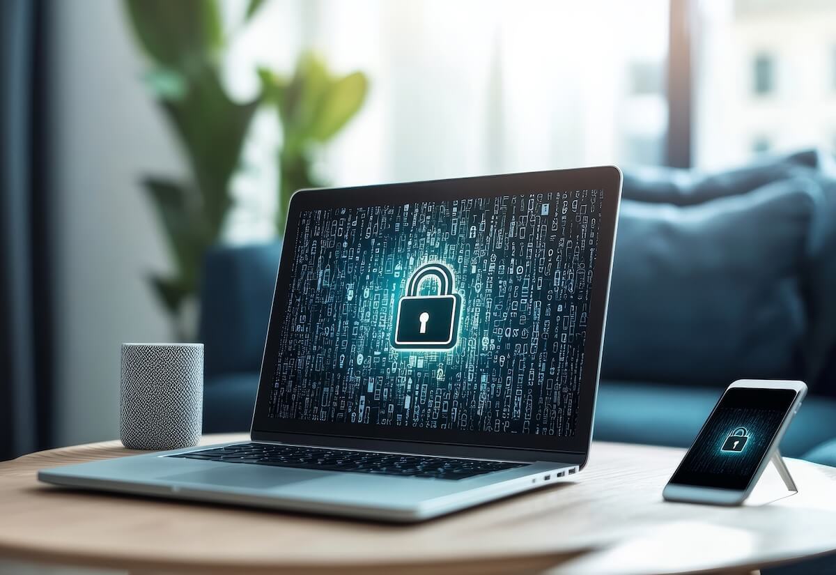 There is a laptop and a cellphone sitting on a desk. Both have a cartoon lock on the screen and are highlighted in blue and white light.