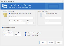 Image of the Usenet Server Setup screen showing how to setup SSL connections on your Usenet server.