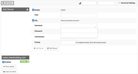 The SABnzbd Add Server screen with checkboxes marked for Enable and SSL in the new server and Enabled for a previously setup Newshosting account. There are also fields for Host, Username, Password, Connections, and Priority, but they are all blank.