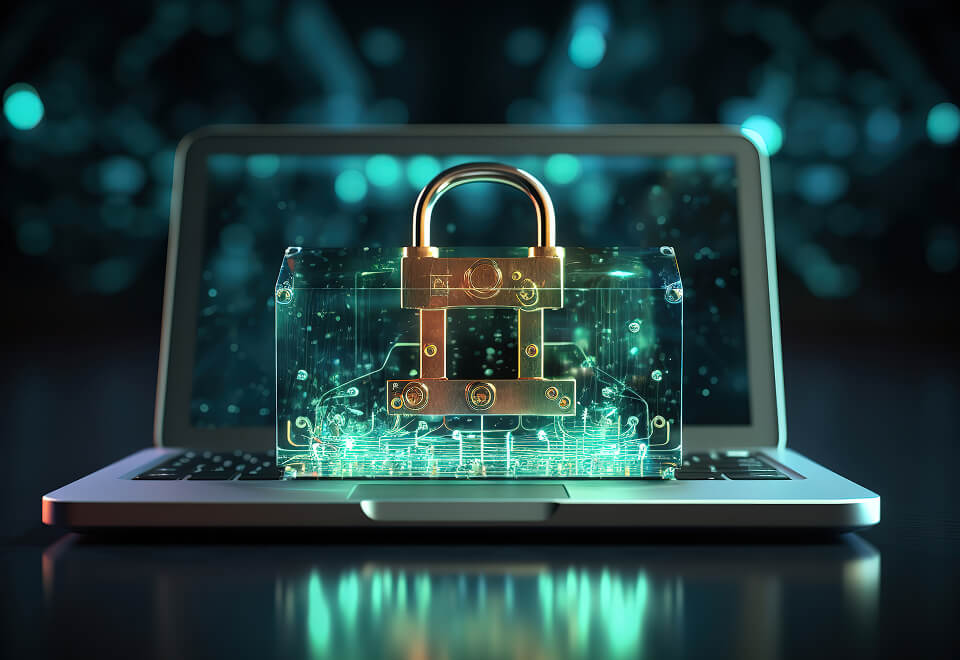 There is a laptop on a glass surface with a network of green lines blurred in the background. The same network of green lines is on the screen and a small chest made of green light sits on the keyboard. The chest has a shank and mechanism like a lock made of brass embedded in it.