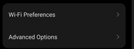 Closeup on Wi-Fi Preferences and Advanced Options submenus from the Wi-Fi Settings screen.