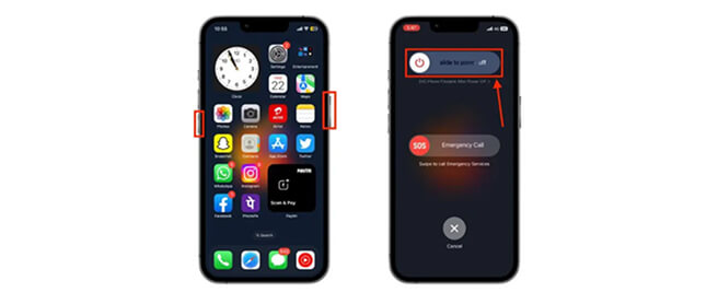 Two images of an iPhone. The one on the left shows the side and volume down buttons highlighted with a red box and the one of the right shows a slider that reads “slide to power off” highlighted with a red box and a red arrow pointing to it.