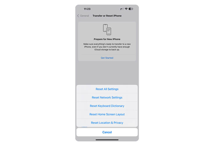 An image of the Transfer or Reset iPhone menu.
