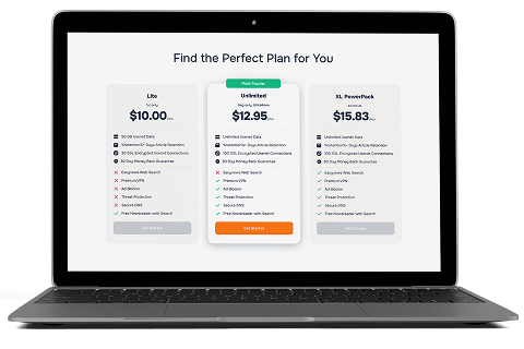 A laptop with the Newshosting plans page showing the benefits and price of the Lite, Unlimited, and XL Powerpack plans.