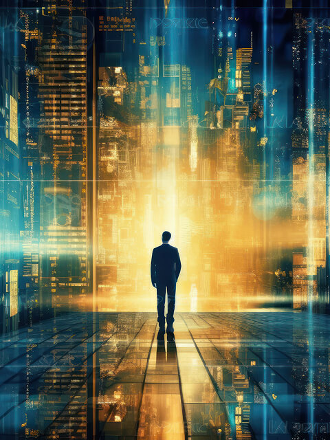 A person is standing in silhouette on an empty cyber landscape. There is an orange neon light and blank city on the horizon.
