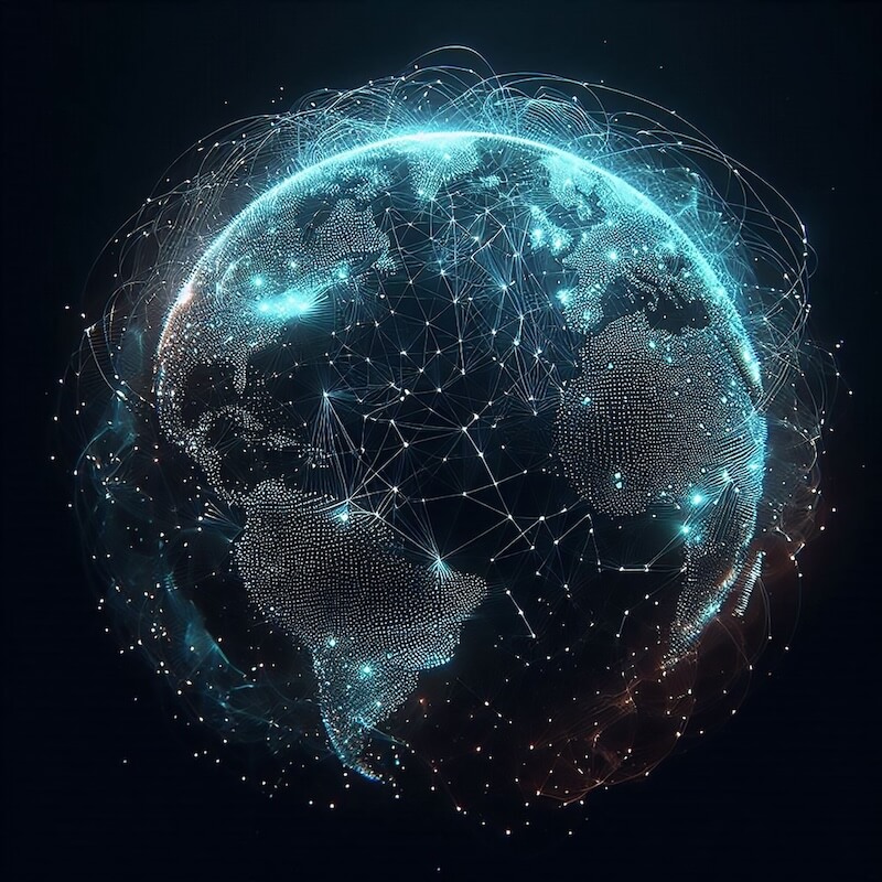 A globe is hanging in space. The continents are depicted as a bunch of closely spaced blue dots. A series of blue lines representing the extensive Newshosting Usenet network crosses the globe's surface.