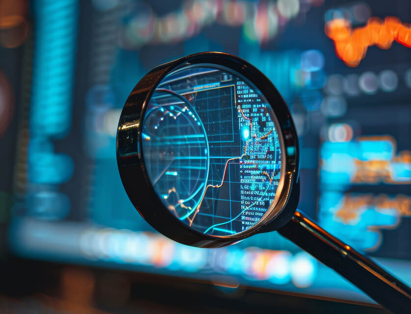 In the background is a blurry computer monitor that is made clear when seen through a magnifying glass held in the foreground.