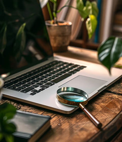 A laptop is sitting on a desk with several plants around it. There is a magnifying glass laid down on top of it.