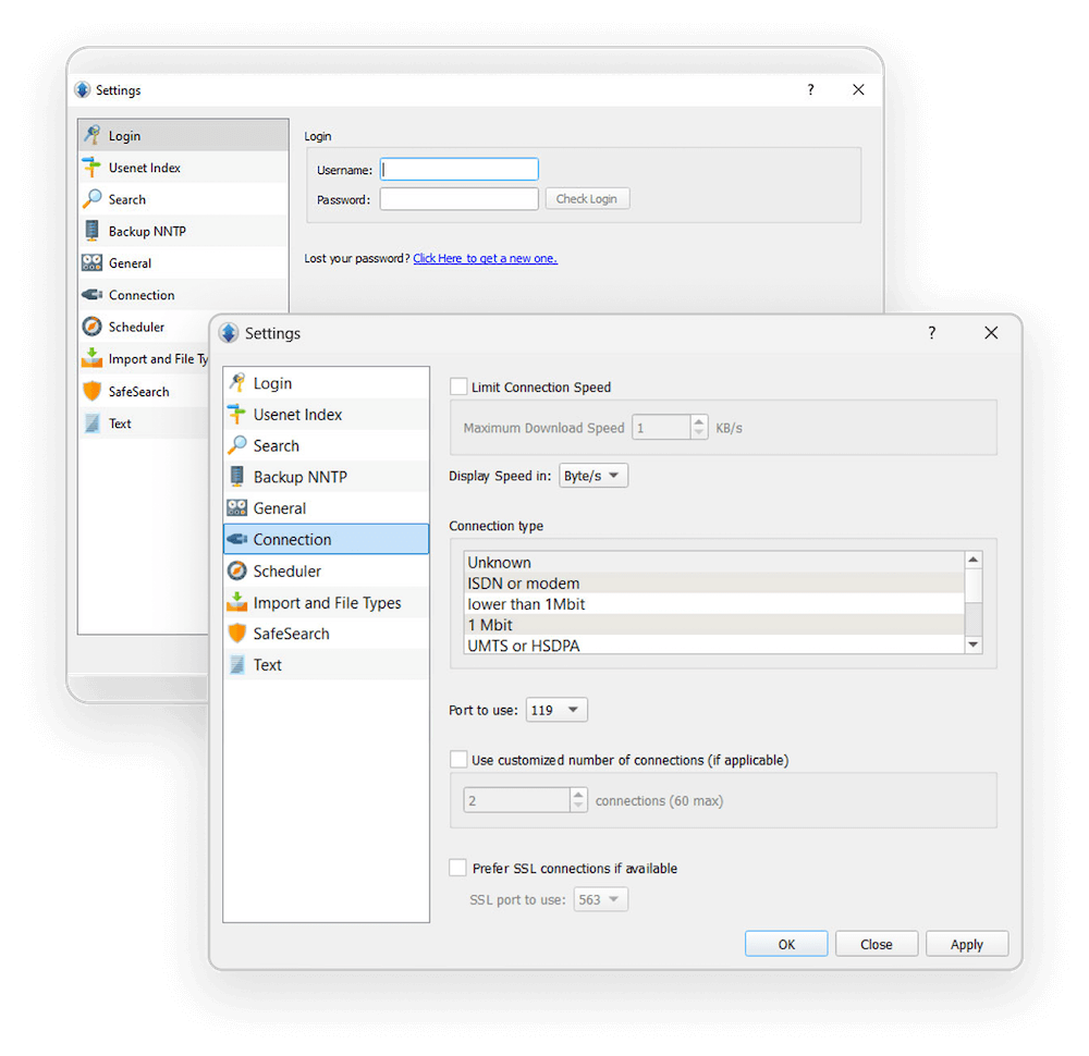 There are two versions of of the Newshosting Newsreader Settings screen. The one in the background shows the Login settings screen. The one in the foreground shows the Connection settings screen.