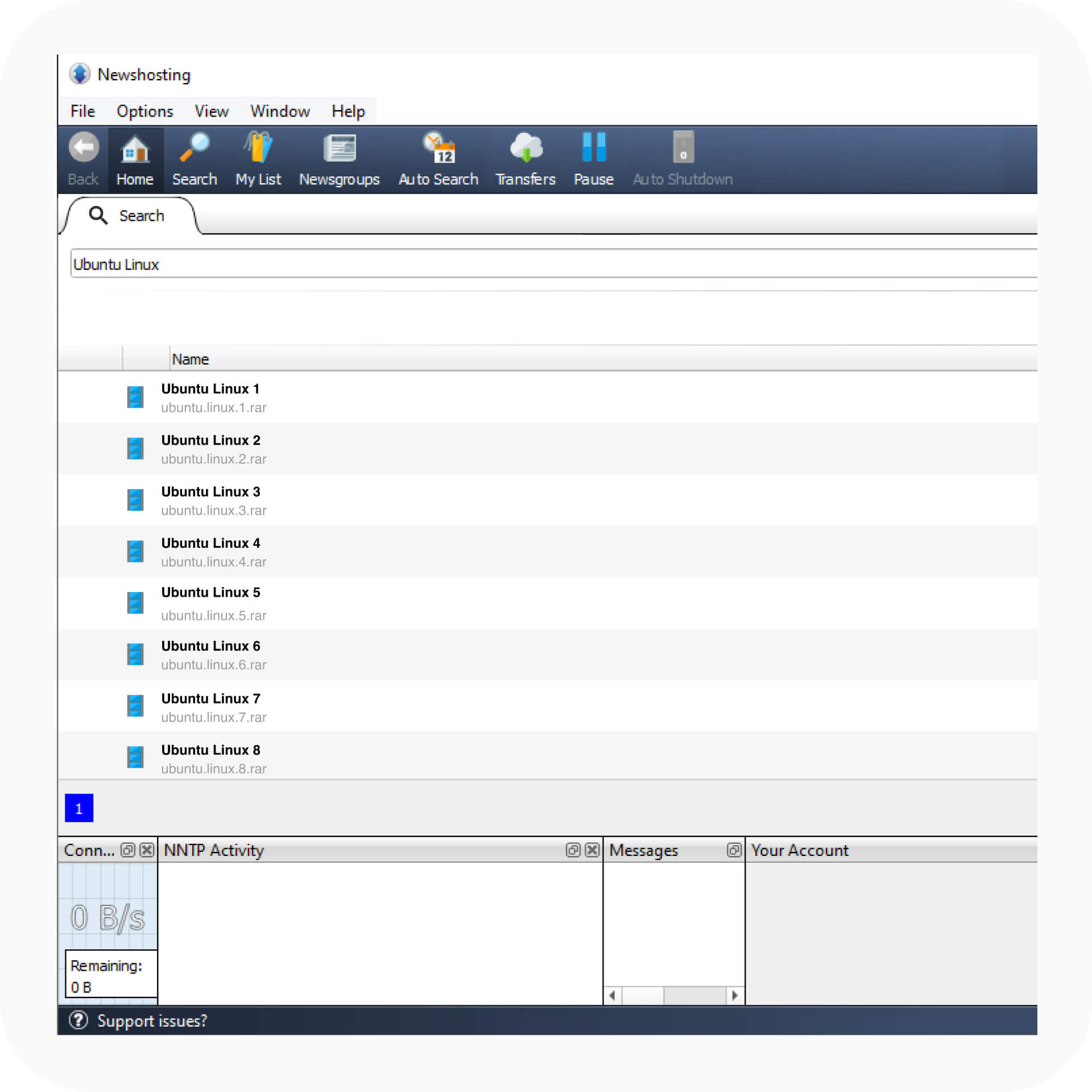 The Newshosting newsreader’s Usenet search. “Ubuntu Linux” is in the search field and eight appropriate files are being shown.