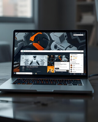 A laptop is sitting open on a desk showing images of an unreadable conversation in an online social media platform.