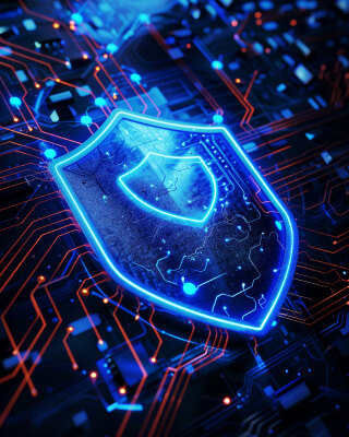 A neon blue shield with a smaller neon blue shield inside of it is sitting on a red and black circuit board.