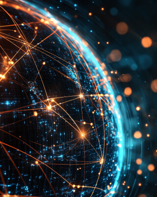 A globe is in space with orange lines terminating at hubs to represent the decentralized network of Usenet. There are blue dots and a blue glow over the “horizon” of the globe.