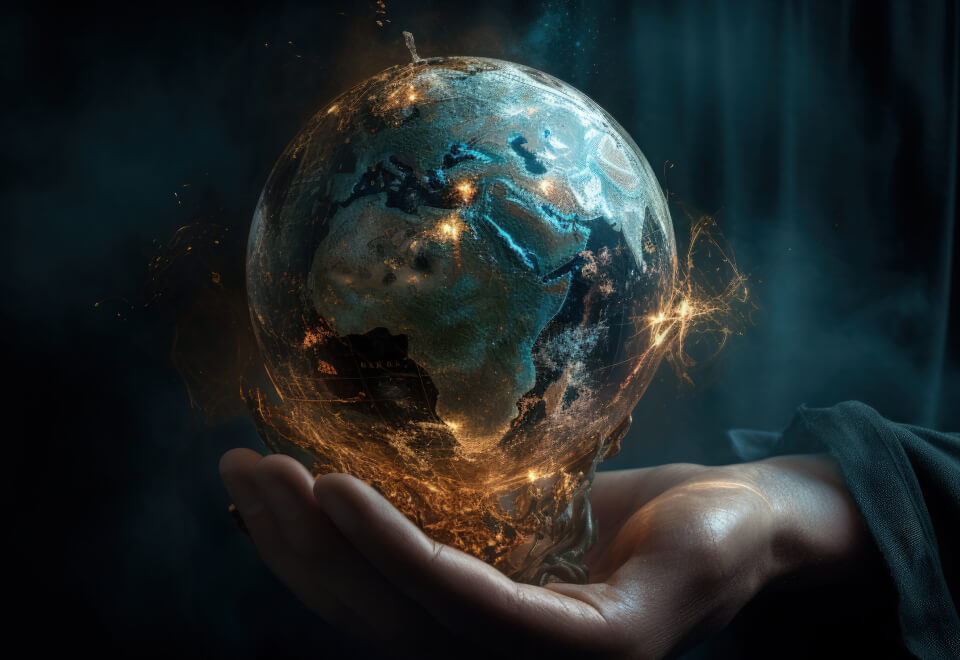 A huge hand is hovering in space and forming a globe of Earth out of particle and wave physics images.