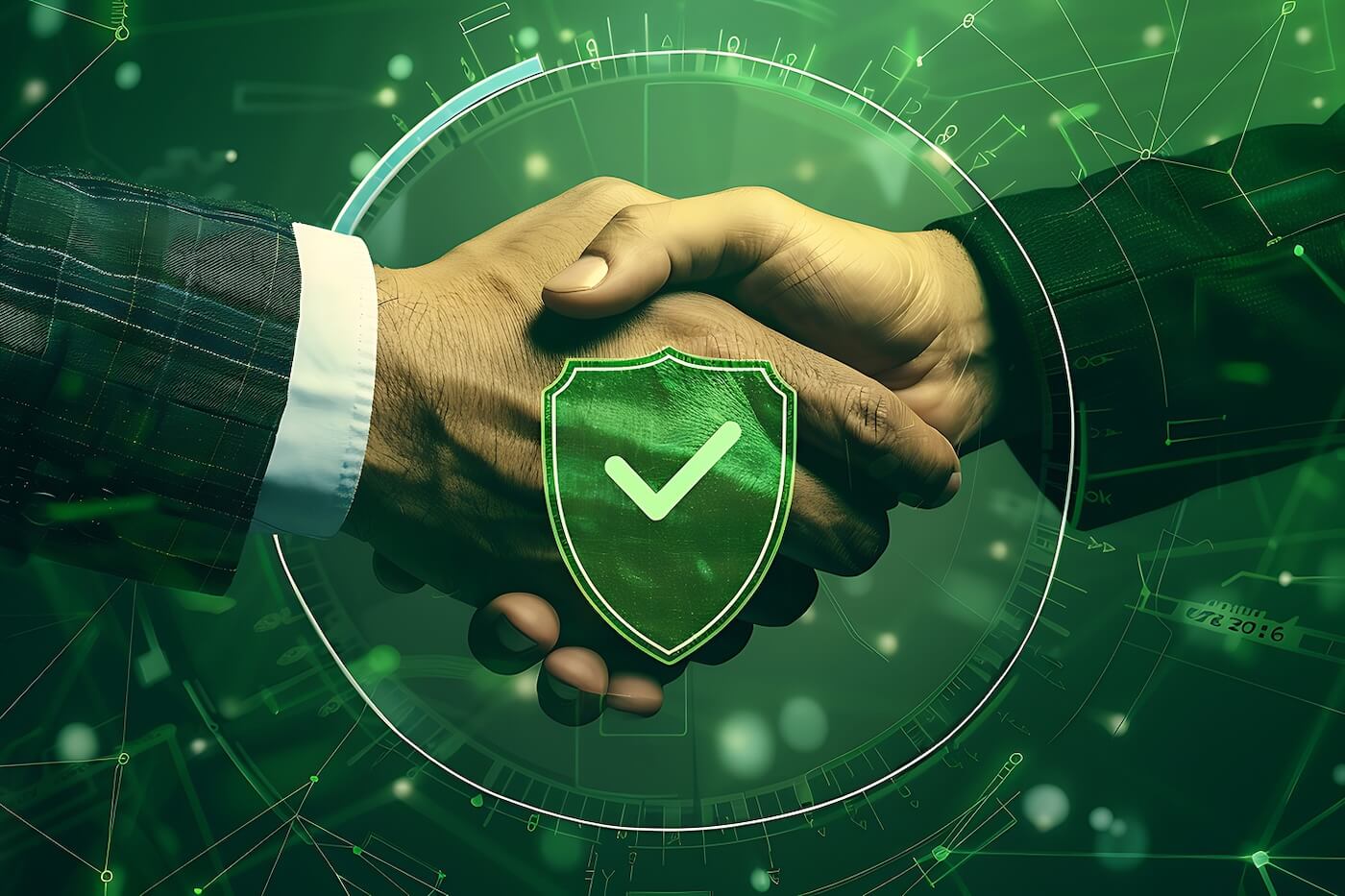 Two hands are shaking. The people connected to those hands seem to be wearing suits, but we can only see part of the sleeves. The background is The Matrix green and there is a green shield with a white checkmark hovering in front of the hands.