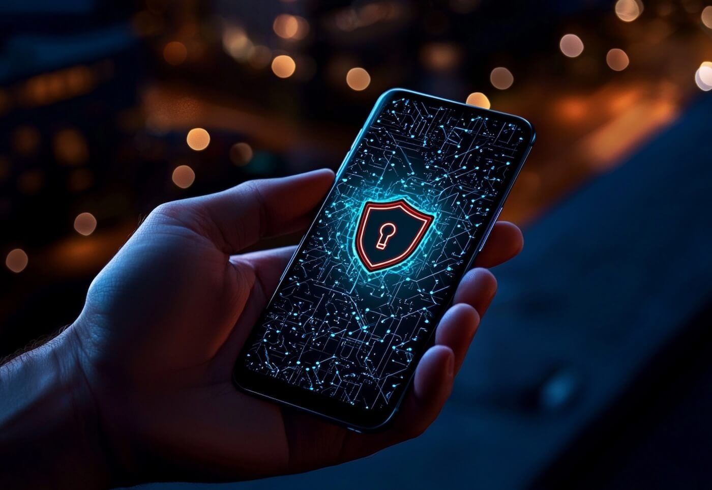 Closeup of a hand holding a cellphone. There are a series of blue, connected lines in the background of the screen and an orange-highlighted shield with a keyhole in the center of it.