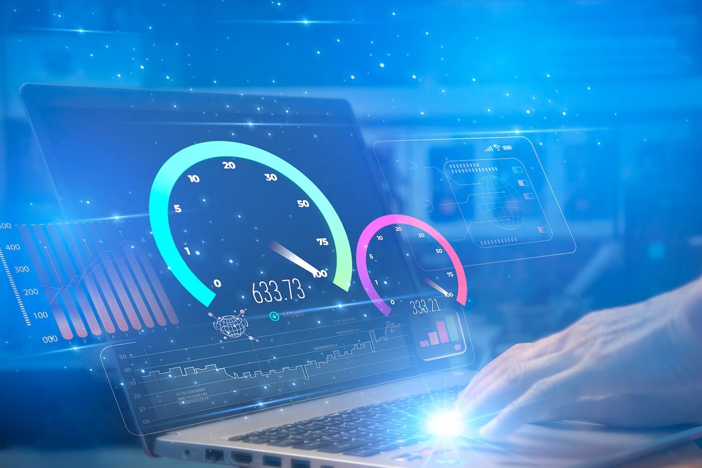 Closeup of a pair of hands typing on a laptop. There the hands touch the keyboard, there is a burst of light. A speedtest is hovering over the keyboard as a hologram.