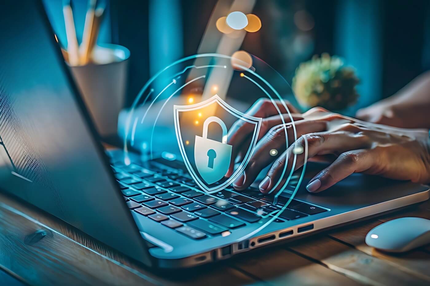 Closeup of a pair of hands typing on a laptop with a hologram of a shield hovering above it. The shield has the image of a lock on it and represents the security you get from Newshosting’s VPN.