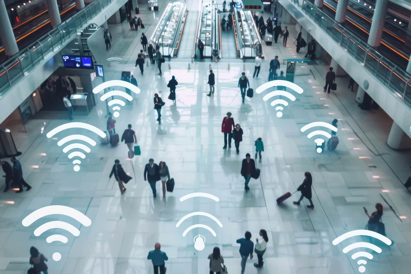 We are looking down on a travel terminal of some sort with a bunch of people walking around, most carrying suitcases. Many have Wi-Fi logos hovering over their heads.