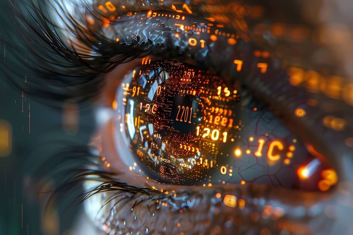 A closeup of an eye with orange code reflected in it.