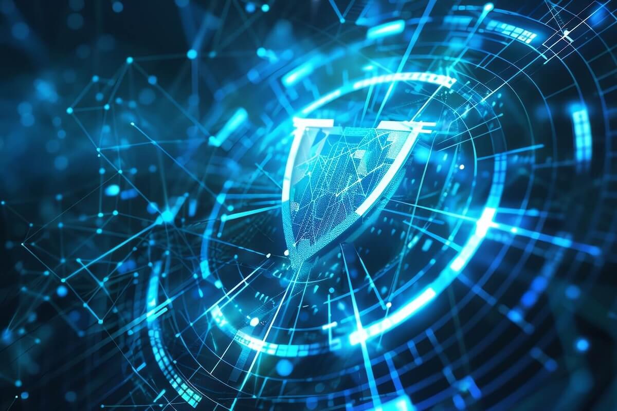 A circle of blue neon with lines radiating out from a very simple shield image.