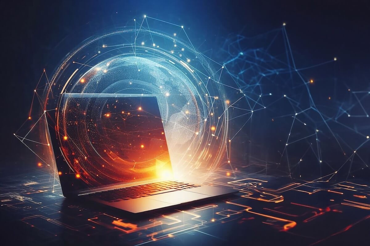 A laptop is sitting on a circuit board highlighted in orange neon. There are lines that look like constellations dimly etched on the image.