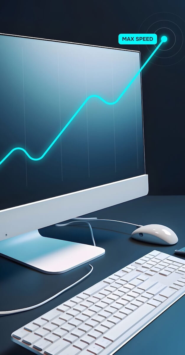 A white desktop is sitting on a table with a matching mouse and keyboard. A blue line starting at the left side of the screen goes steadily up until it reaches a dot with the words “Max Speed” next to it.
