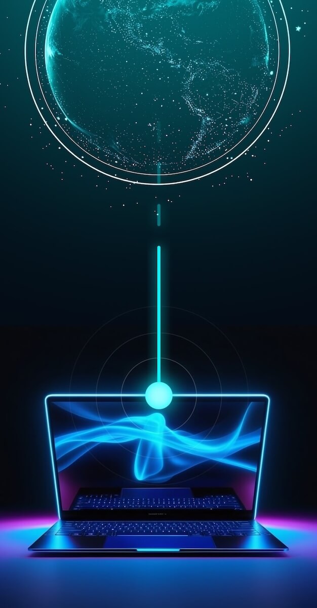 A hologram of a globe is hovering above a laptop. It is connected to a laptop sitting on a desk by a neon blue line.