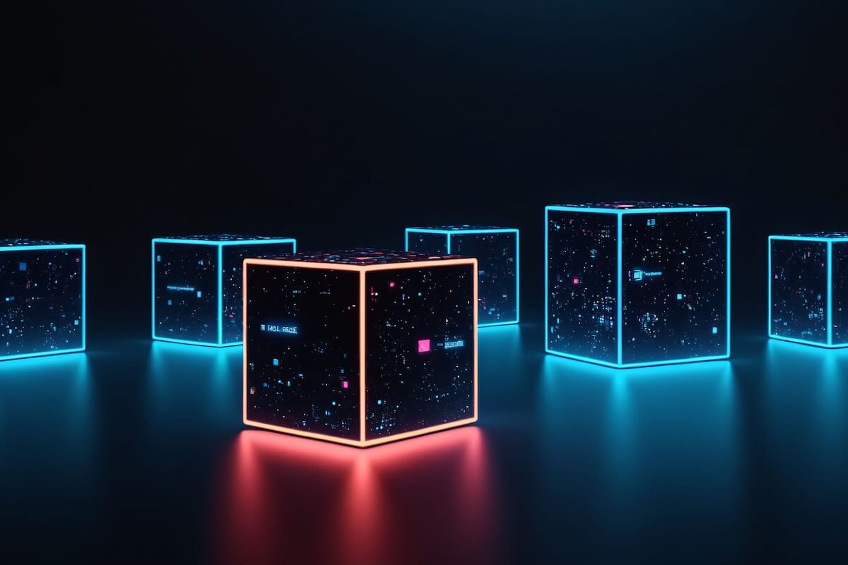 There are six cubes outlined in neon. The five toward the background are blue and the one in the foreground is orange.