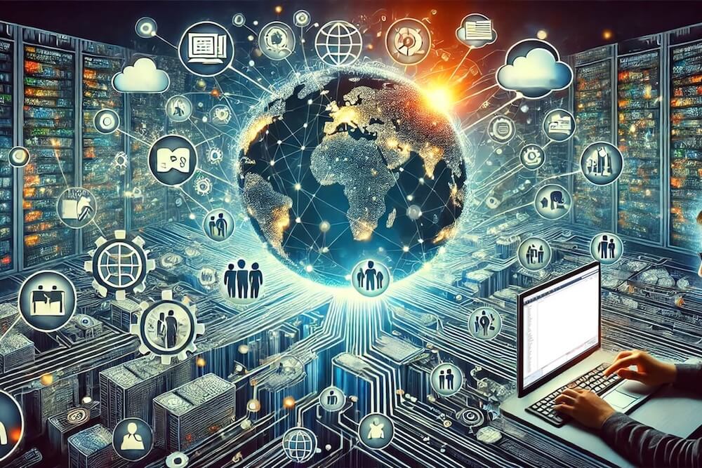 A pair of hands is typing on a laptop that is connected to a globe by circuitry. There are lines connecting dots laid over the globe and various icons representing people, the Internet, connections, etc., are floating around that.