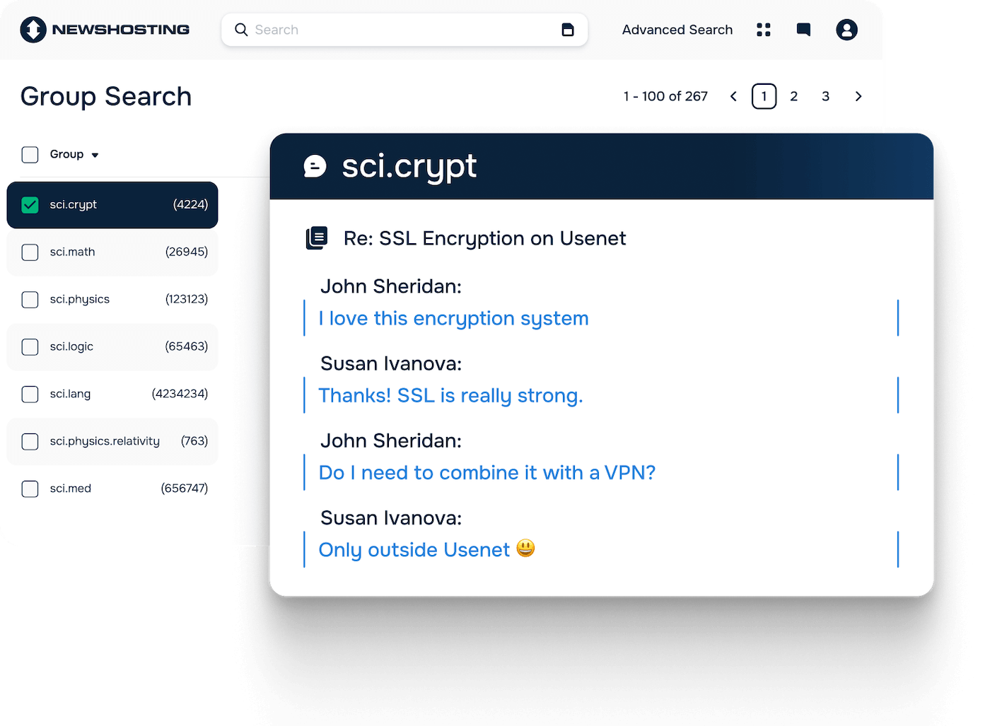 There are two windows, one closer to the viewer than the other. The rearmost one has the Newshosting newsreader group search with the sci.crypt newsgroup highlighted. The closer window is a newsgroup conversation between John Sheridan and Susan Ivanova talking about how great SSL encryption is.