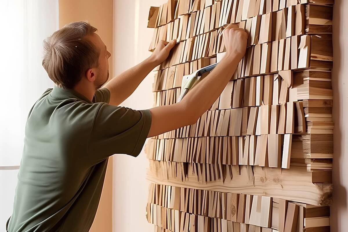 A short-haired man in a forrest green polo shirt is using various sized wooden blocks on a wall to organize something, representing the structure of Usenet.
