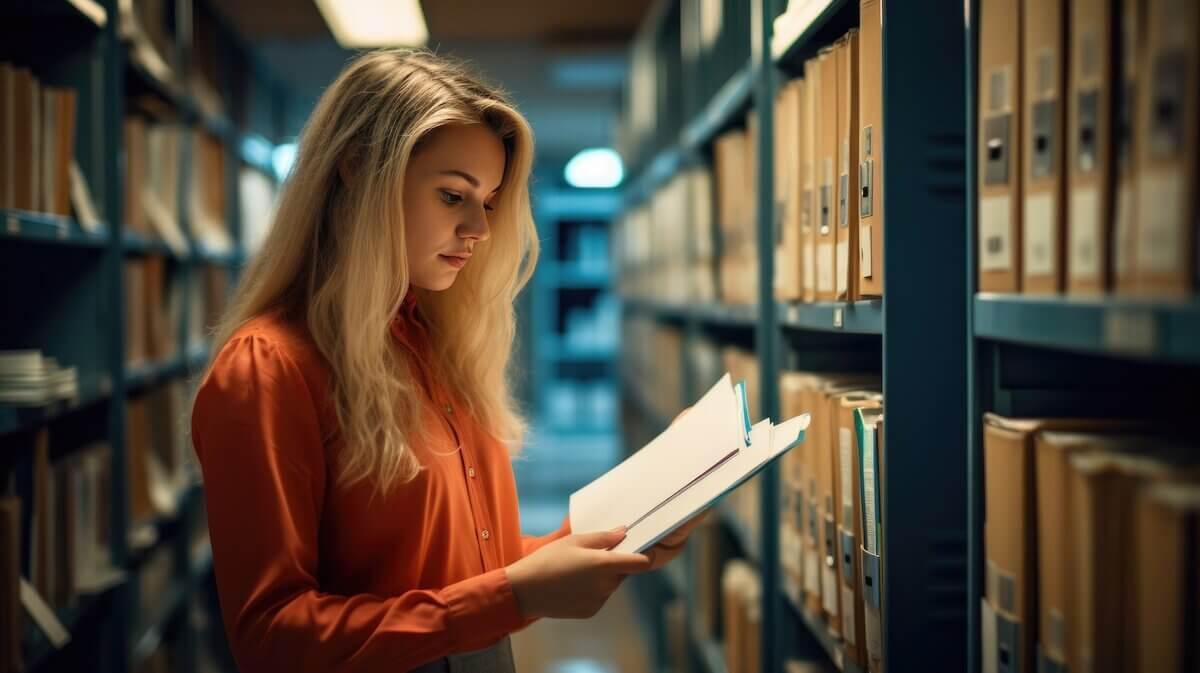 A blond woman is standing in a physical archive and looking at several folders she’s holding in her hand.