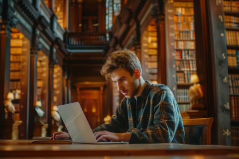 A man in a tartan sweater is working on a laptop in an old library.