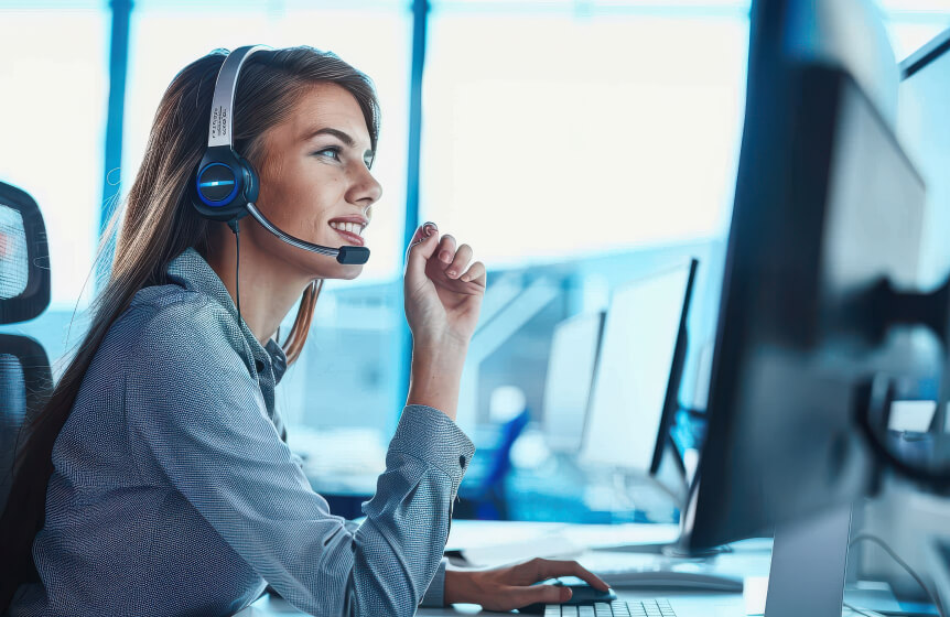 A blond woman is sitting at a computer with a headset on, helping Newshosting customers get the most out of their Usenet experience.