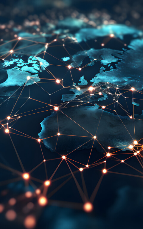 A map of the Earth that shows Africa and Europe clearly, but the rest gets fuzzy because of the angle. There are orange lines terminating at orange dots representing Newshosting’s excellent Usenet network overlaid on the map.